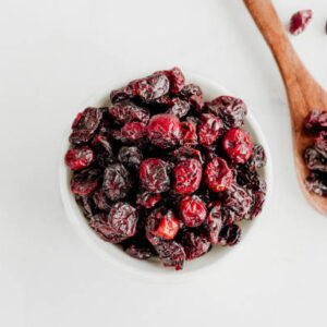 Dried cranberries in a bowl top down photo