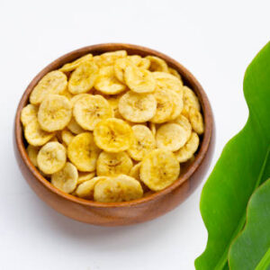 Banana slice chips on white background.