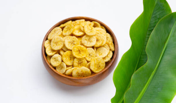Banana slice chips on white background.