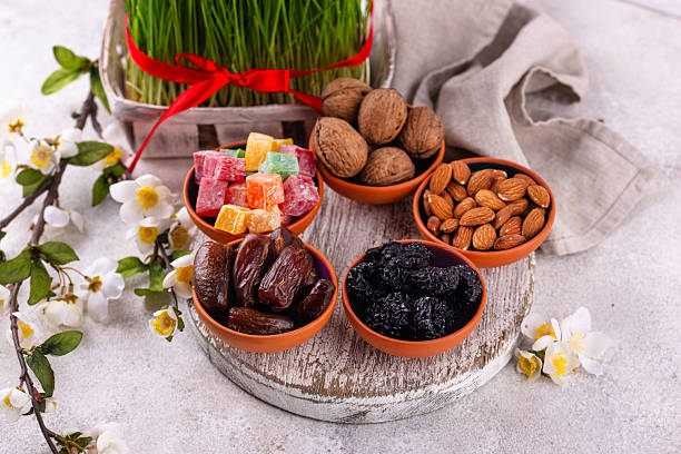 Traditional azerbaijan spring holiday novruz concept with tray of semeni