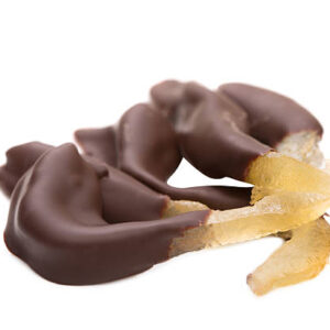 Image of lemon slices dipped in chocolate, isolated on white